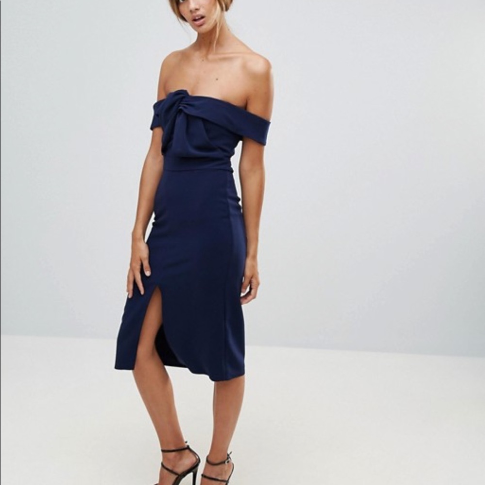 Navy bardot off the shoulder midi dress